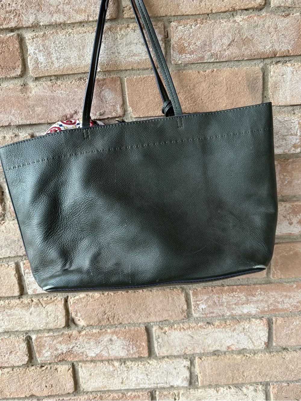 Tory Burch Dark Green Pebbled Leather Tote with Tassel and Scarf